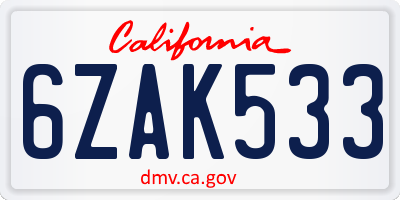 CA license plate 6ZAK533