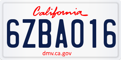 CA license plate 6ZBA016