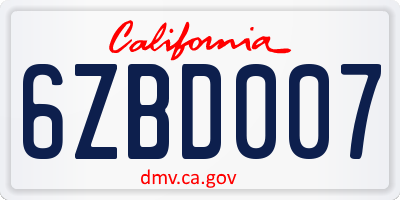 CA license plate 6ZBD007