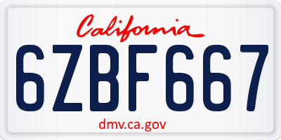CA license plate 6ZBF667