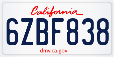 CA license plate 6ZBF838