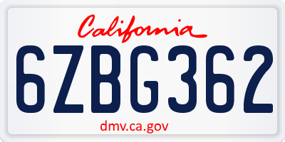 CA license plate 6ZBG362