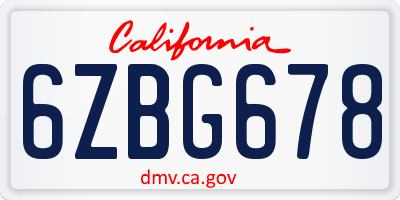 CA license plate 6ZBG678