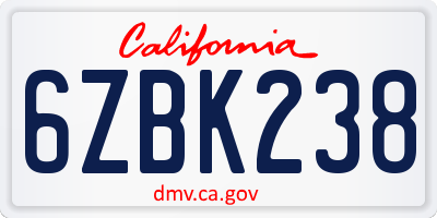 CA license plate 6ZBK238