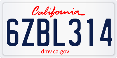 CA license plate 6ZBL314
