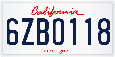 CA license plate 6ZBO118