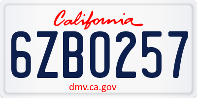 CA license plate 6ZBO257