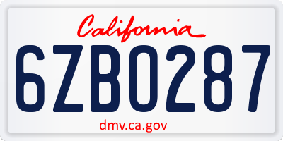 CA license plate 6ZBO287