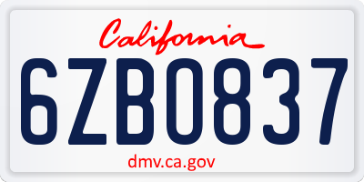 CA license plate 6ZBO837