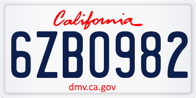 CA license plate 6ZBO982