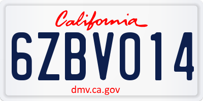 CA license plate 6ZBV014