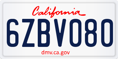 CA license plate 6ZBV080