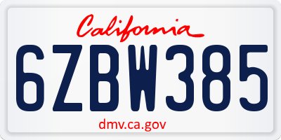 CA license plate 6ZBW385