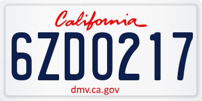 CA license plate 6ZDO217
