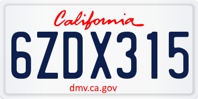 CA license plate 6ZDX315