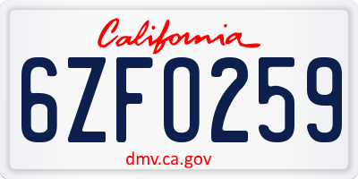 CA license plate 6ZFO259