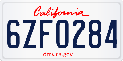 CA license plate 6ZFO284