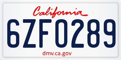 CA license plate 6ZFO289