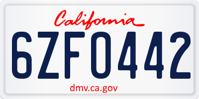 CA license plate 6ZFO442