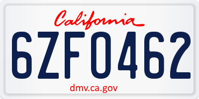 CA license plate 6ZFO462