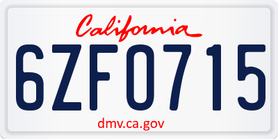 CA license plate 6ZFO715