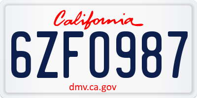 CA license plate 6ZFO987