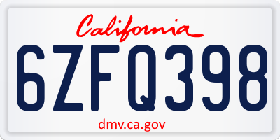 CA license plate 6ZFQ398