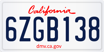 CA license plate 6ZGB138