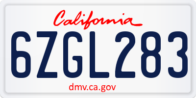 CA license plate 6ZGL283