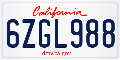 CA license plate 6ZGL988