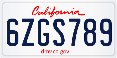 CA license plate 6ZGS789