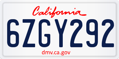 CA license plate 6ZGY292