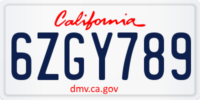 CA license plate 6ZGY789
