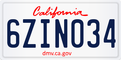 CA license plate 6ZIN034