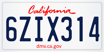 CA license plate 6ZIX314