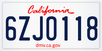 CA license plate 6ZJO118