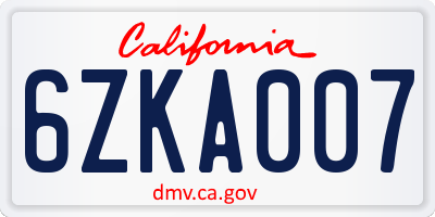 CA license plate 6ZKA007