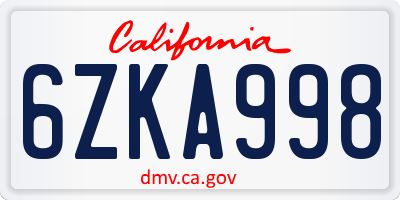 CA license plate 6ZKA998