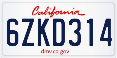 CA license plate 6ZKD314