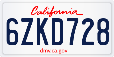 CA license plate 6ZKD728