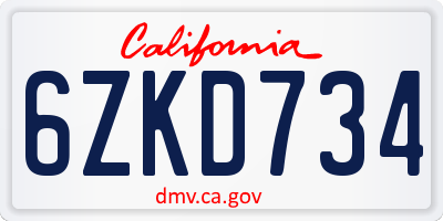 CA license plate 6ZKD734