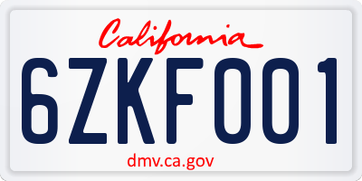 CA license plate 6ZKF001