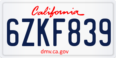 CA license plate 6ZKF839