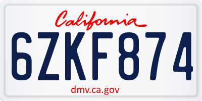CA license plate 6ZKF874