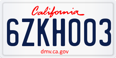 CA license plate 6ZKH003