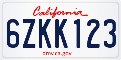 CA license plate 6ZKK123