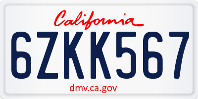 CA license plate 6ZKK567