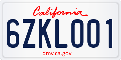 CA license plate 6ZKL001