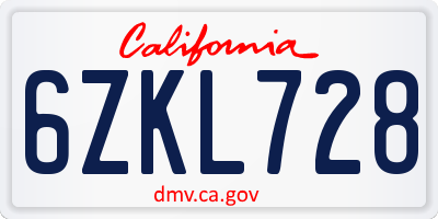CA license plate 6ZKL728