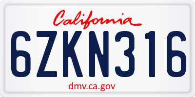 CA license plate 6ZKN316